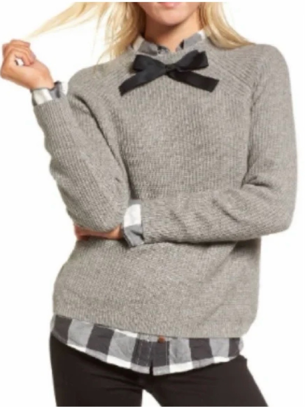 J Crew Gayle gray crew sweater with black bow tie